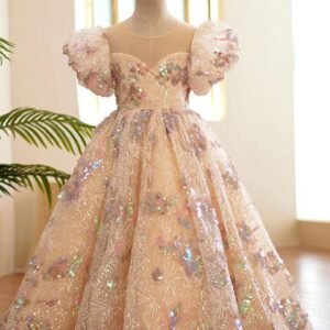 Style O-Neck Wrinkled Tulle Kids Long Dress