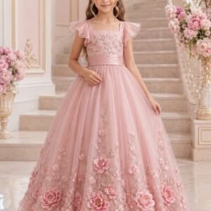 Formal Pink Peony Flower Girl Gown with Flutter Sleeves