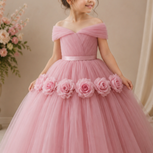 Elegant Pink Floral Tulle Princess Frock for Girls